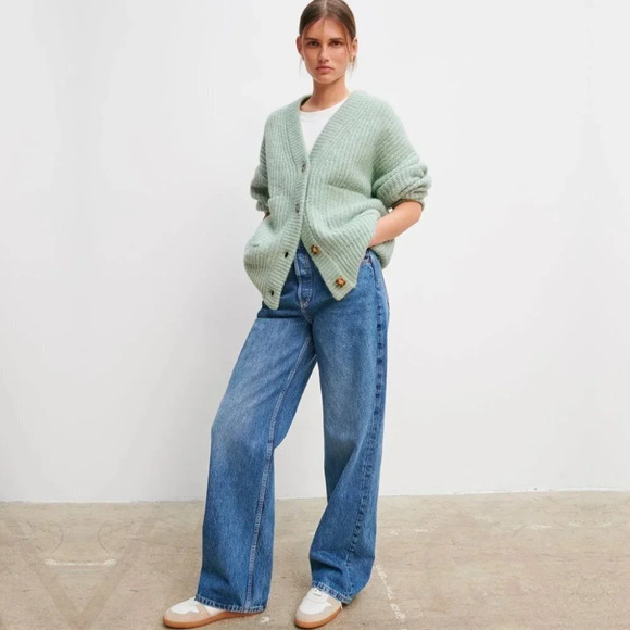 Zara Light Blue/green oversized  Cardigan Sweater, size small with pockets - Picture 5 of 11